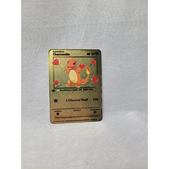Charmander I Choose You Love Heart Valentine Gold Metal Card- Brand new - Picture 1 of 4